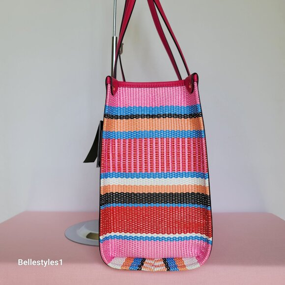 KATE SPADE Market Striped Woven Straw Medium Tote Bag-Wild Raspberry Multi ⭐ - Picture 9 of 16